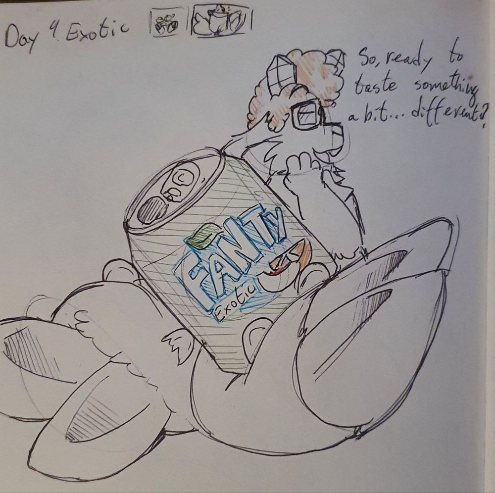A gamer goat holding a can of Fanty exotic while teasing the viewer about tasting something different while holding it in his paws~