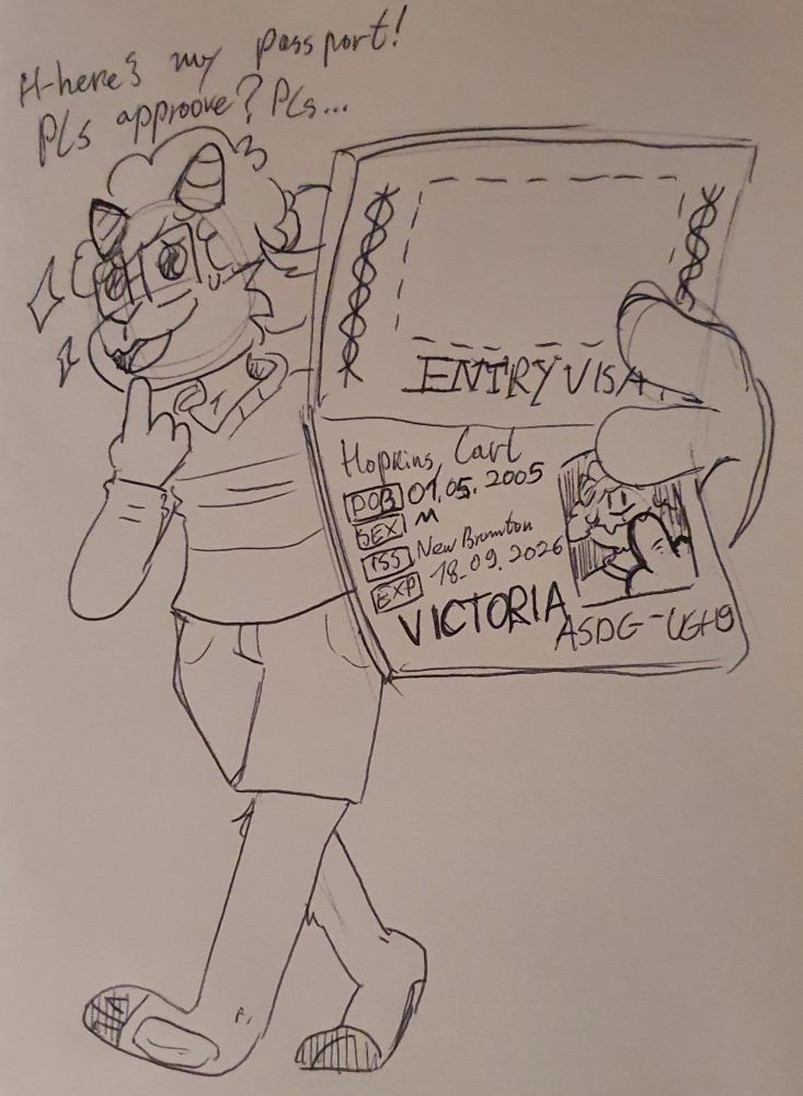 A nervous Candyhorn presents his passport with a plea to get it aprooved
In his passport picture, he's flipping off the camera