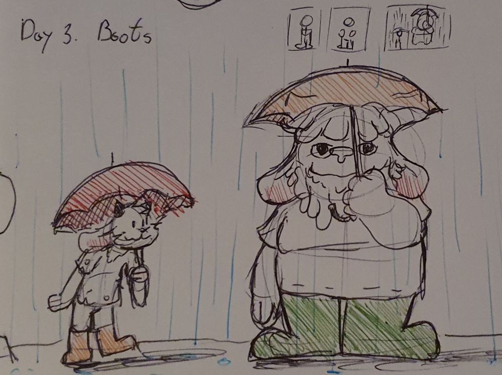 Two goats with their umbrellas wait in the rain for their bus. The smaller, more energetic Seed swings his arms and legs about while the big and calm uncle Yoshi looks on with a soft smile. This drawing is a reference to the Ghibli film "My Neighbour Totoro"