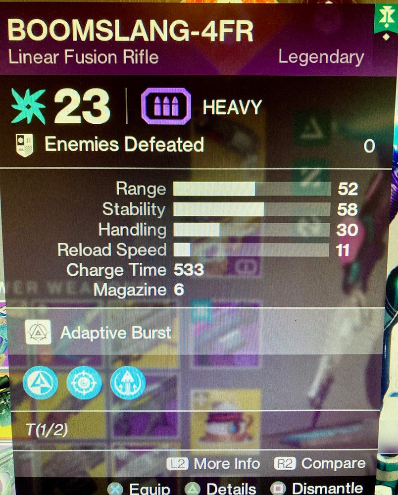 A photo of a ‘boomslang-4FR’ legendary linear fusion rifle from Destiny 2. Stats are unimportant because the picture is simply to show the name.