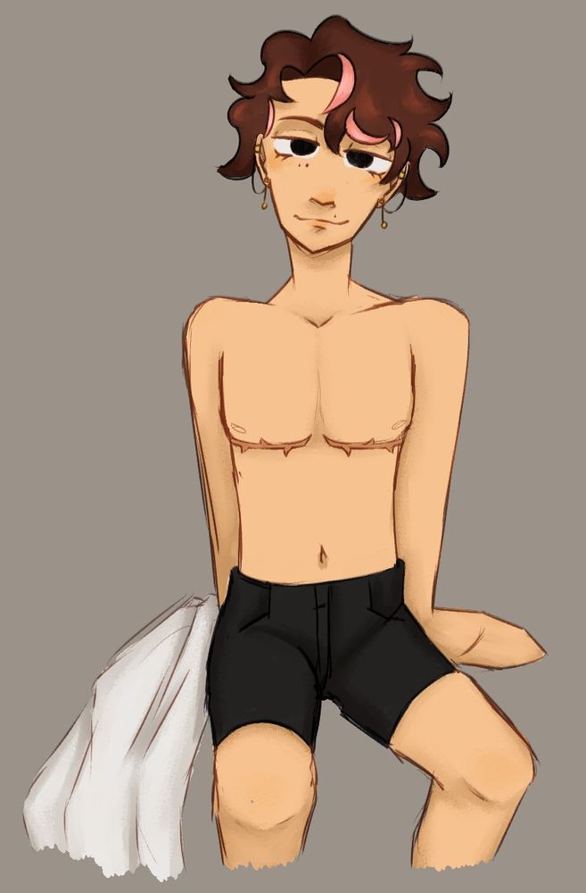 Dr Rose without a shirt. His lab coat sits next to him as he looks at the viewer. He is flat chested with top surgery scars resembling thorny stems