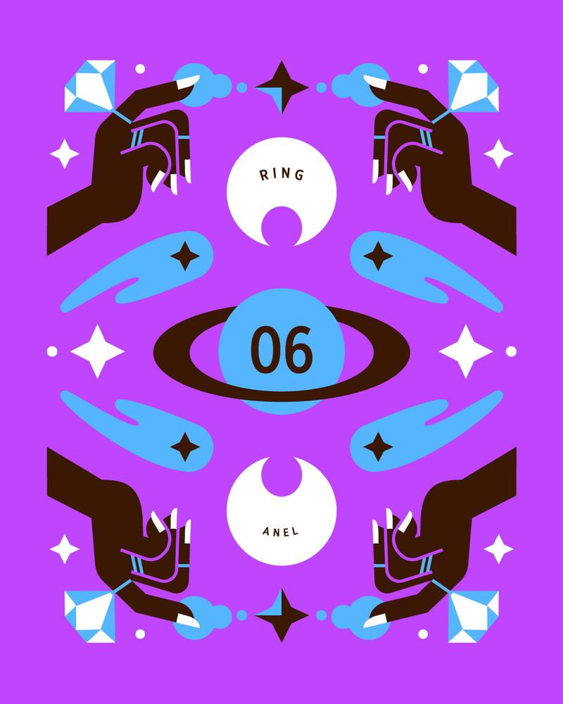 ilustração simétrica em roxo, azul e branco de mãos com anéis apontando para estrelas, luas, cometas e saturno.