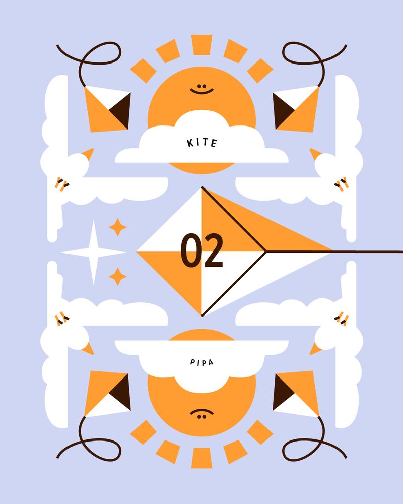 Ilustração simétrica nas cores azul, amarelo e preto. centralizados temos o sol e uma pipa, ao lado passarinhos brancos e pipas menores. está escrito "02" e "kite", junto com sua tradução "pipa".