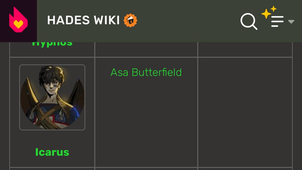 print do Hades Wiki com o desenho do Icarus (busto de um menino com cabelo marrom pele clara e asas) ao lado o nome “Asa Butterfield”