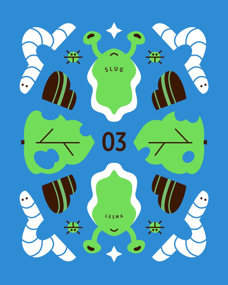 ilustração simétrica de lesmas, insetos, minhocas, pedras e folhas comidas. as cores são azul, verde, branco e marrom escuro.