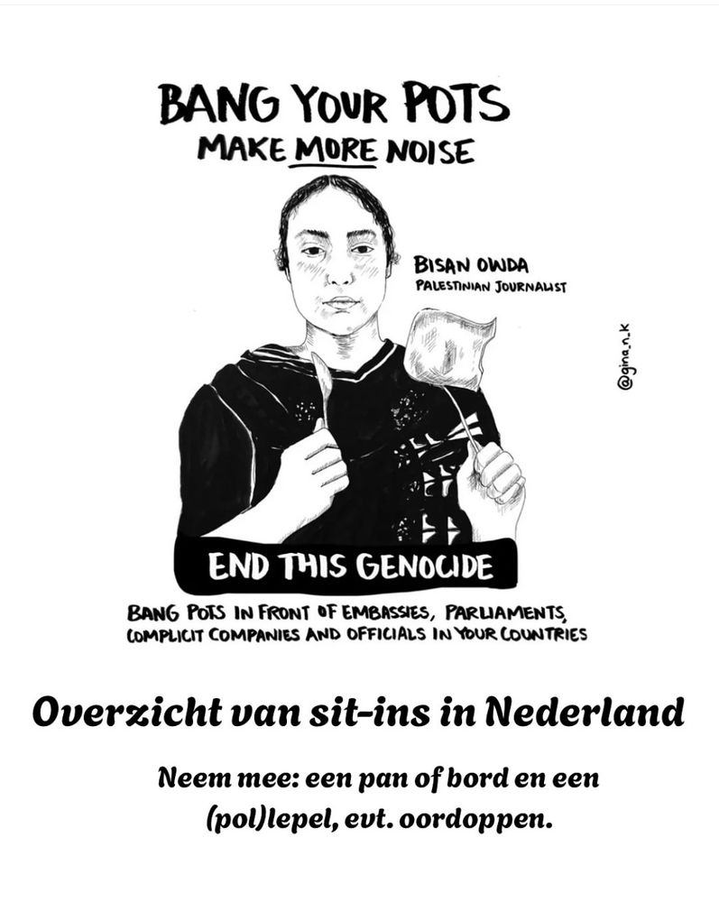 Zwart-wit illustratie van @gina_k_van @wizard_bisan die met een lepel op een pan trommelt, met de oproep ‘bang your pots, make more noise’ 