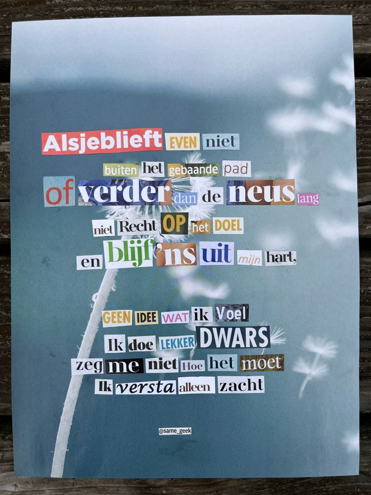 Alsjeblieft even niet
buiten het gebaande pad
of verder dan de neus lang
niet recht op het doel
en blijf ‘ns uit mijn hart

Geen idee wat ik voel
ik doe lekker dwars
zeg me niet hoe het moet
ik versta alleen zacht

@same_geek