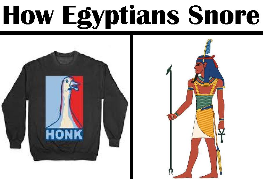 "How Egyptians Snore"
There is a picture of a sweater with a goose and the word "HONK" on it.
Next to this, is a picture of the Egyptian god Shu.