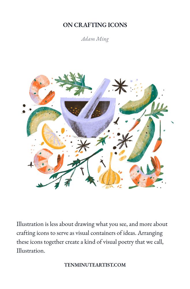 An essay titled 'On Crafting Icons' discussing the essence of illustration. The text emphasizes that illustration is not merely about depicting reality but rather about creating icons that symbolize ideas. It highlights how the arrangement of these icons results in a visual form of poetry, referred to as Illustration.