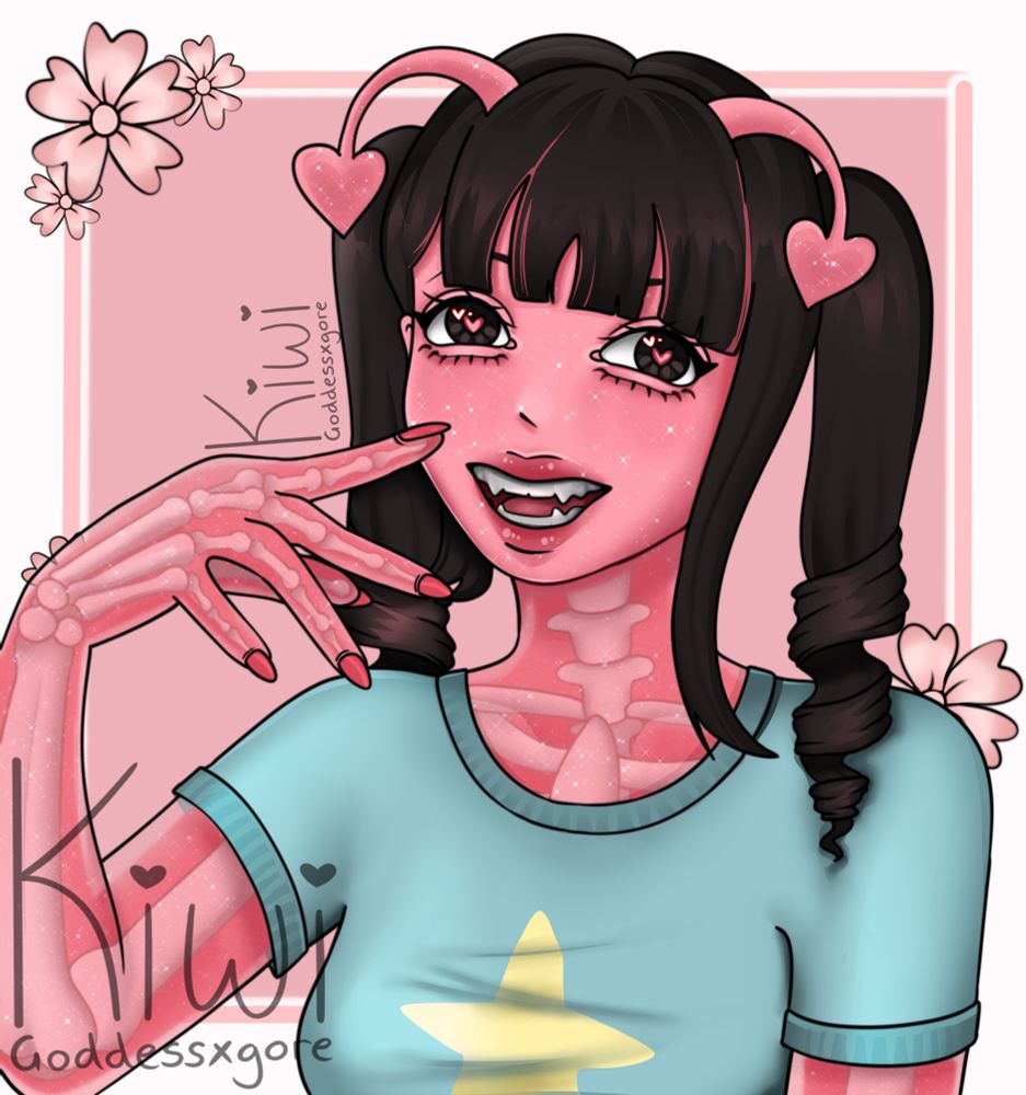 fully rendered drawing of my OC Jellie! the background is white and pink with flowers. she has one arm raised with a hand near her face, giggling. hair is in twin ponytails with curled ends. the shirt she is wearing is light blue with a yellow star. some of her bones are visible! 