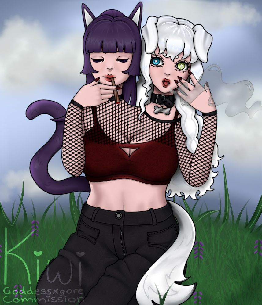 half body art commission for @Burn2theground.social of their OCs Nora (cat girl) and Sena (dog girl)! they are sitting in nature smoking a blunt! Nora is smoking and Sena is exhaling smoke. they are wearing a pair of black jeans and a red bralette with a fishnet top