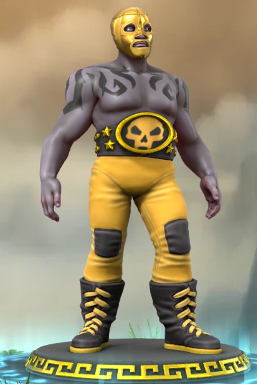 A figure made in HeroForge of a goliath in a gold luchador mask, gold pants, and a black and gold wrestling belt with a gold skull on the front.