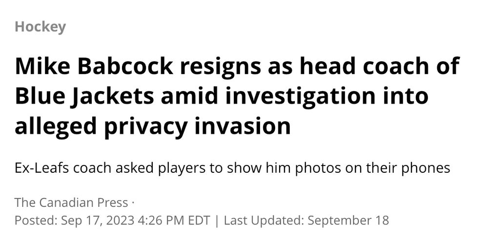 Screenshot of a headline from CBC Sports with the text "Mike Babcock resigns as head coach of Blue Jackets amid investigation into alleged privacy invasion"