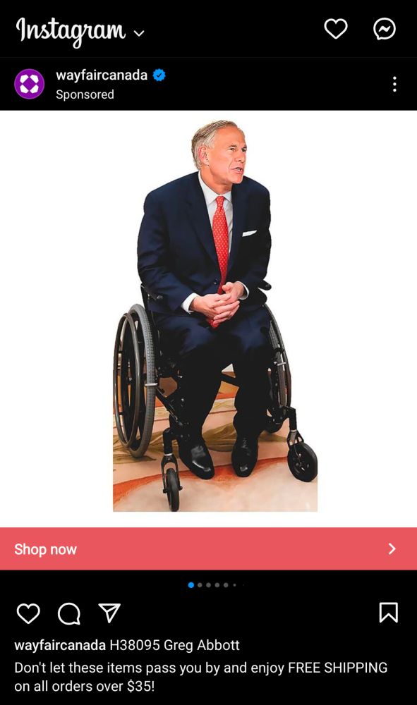 Instagram ad from Wayfair featuring a full size cardboard cutout of Texas Governor Greg Abbott