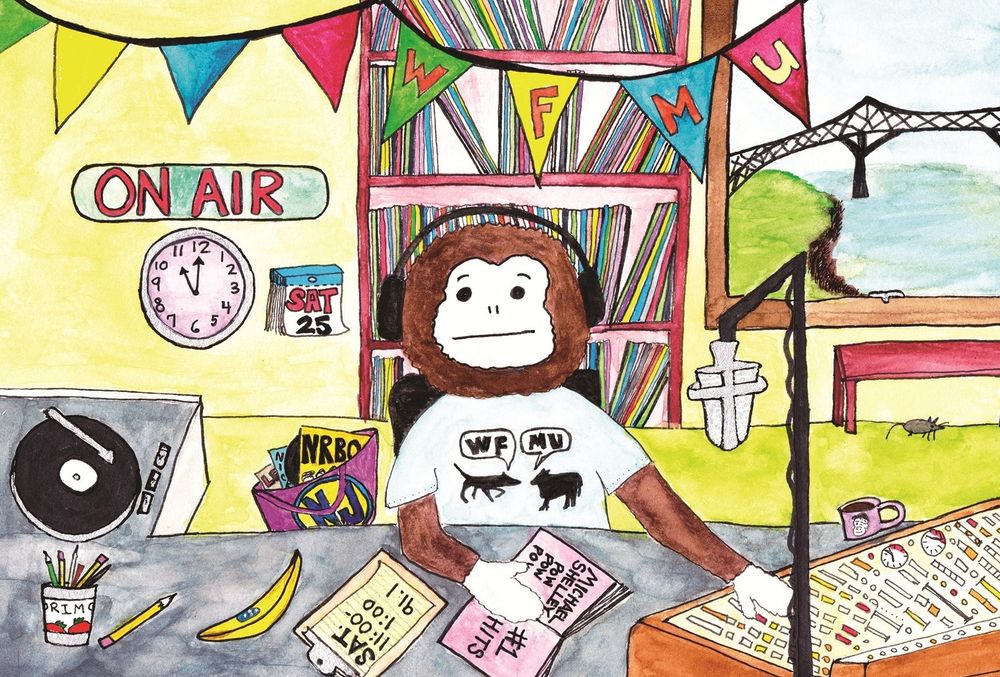 World famous WFMU D.J. Michael Shelley, drawn as if he were a monkey, sitting in Studio A of WFMU while doing his radio show!