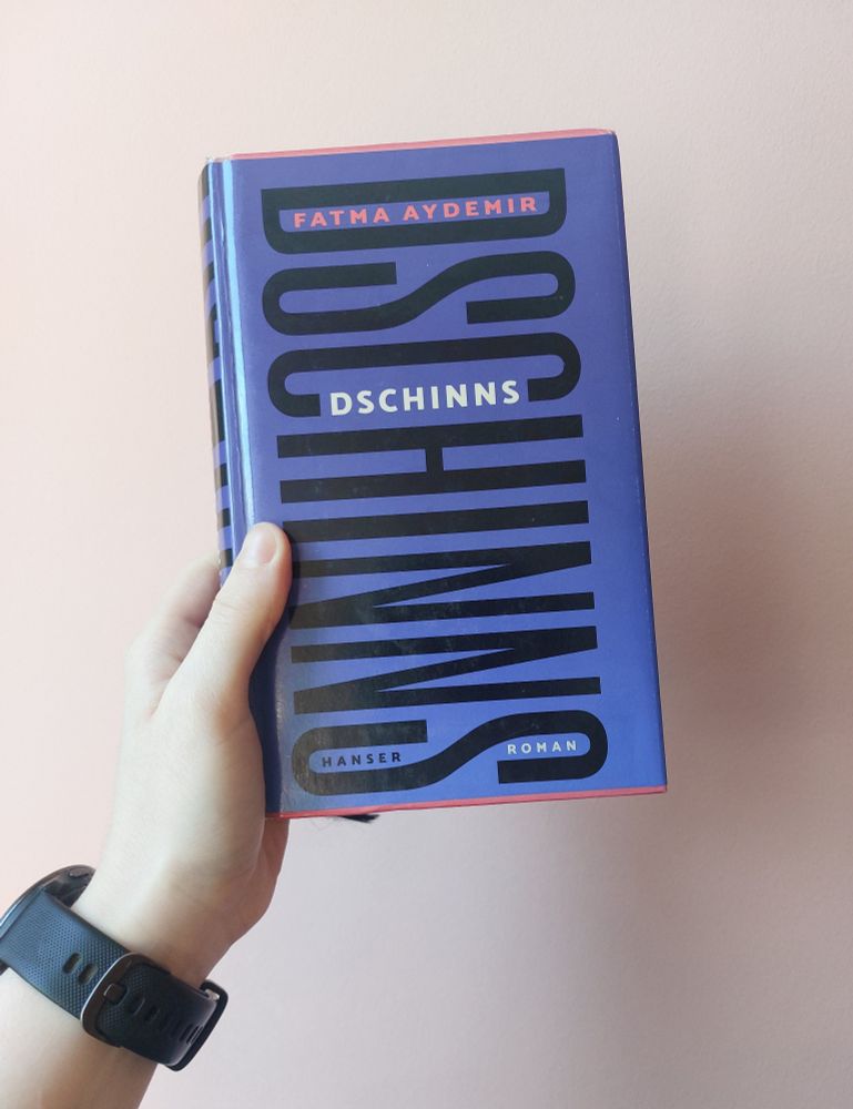 Meine linke Hand hält das Buch "Dschinns" von Fatma Aydemir vor eine rosa gestrichene Wand. Das Buch ist blau, der Titel erstreckt sich vertikal über den Titel. Der Name der Autorin versteckt sich im D. 