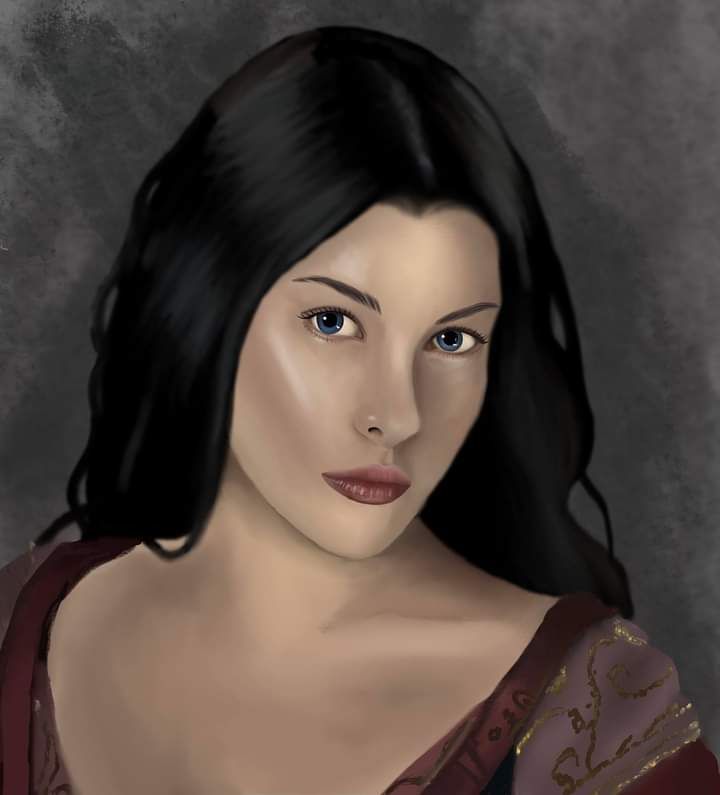 Digital painting of Liv Tyler as Arwen with a grey background, wearing her blood red gown.
