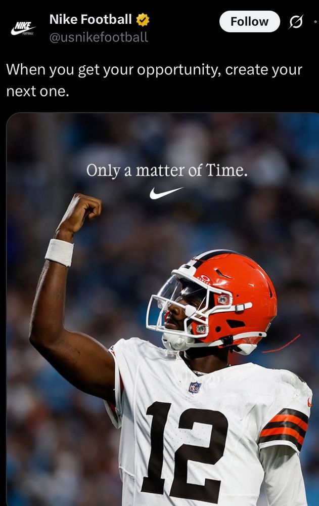 Guy in a football uniform showing #12 with his arm in a muscle flex, caption is Only a Matter of Time - a Nike ad