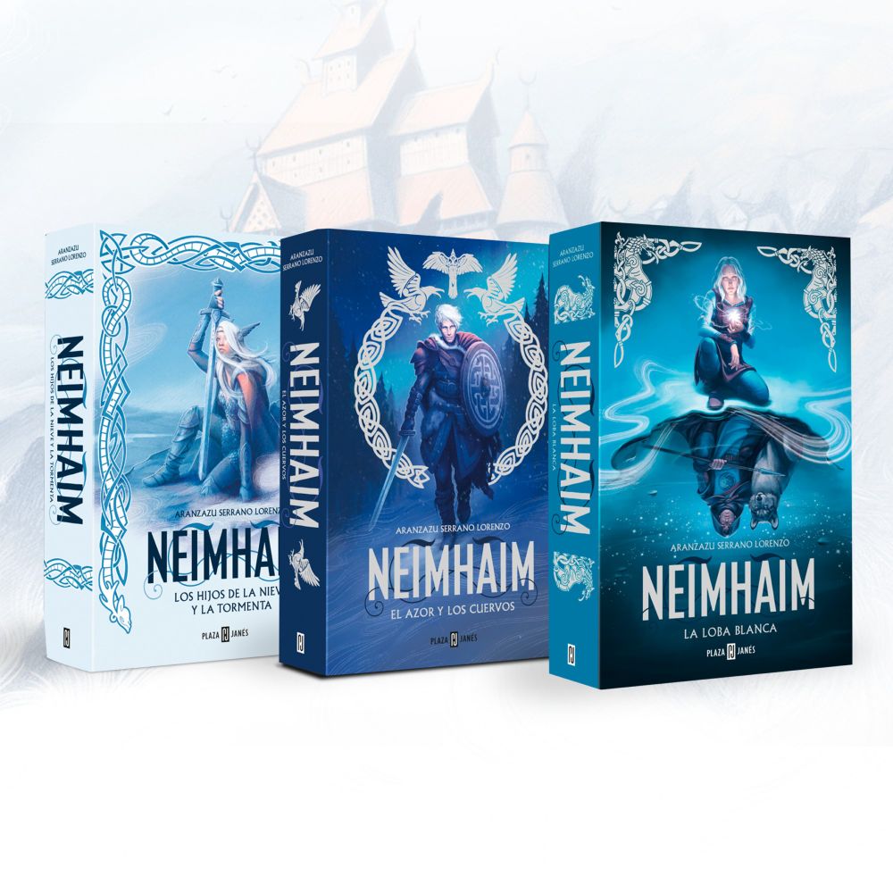 Trilogía de Neimhaim, en tonos azules y blancos, todos los protagonistas de las portadas tienen el cabello níveo, son la estirpe de los blancos