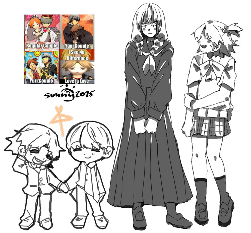 yu narukami and yosuke doodles. drawings are black and white with a meme in the corner depicting couple in various situations, reads: regular couple, yaoi couple, yuri couple, i see no difference, love is love with ss from yosuke's persona 4 model looking at the camera. to the right are their outfits from when they are in drag, both looking a little embarassed. on the left is chibi version of them holding hands, with a simplistic orange umbrella above them.

sunnyart