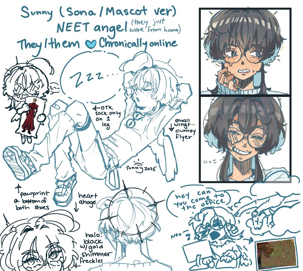 various drawings of my sona, depicted as an angel with short hair and 2 longer pieces of hair at the sides, small angel wings, and round glasses

sunnyart