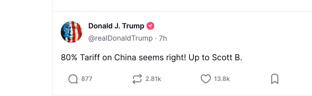 80% Tariff on China seems right! Up to Scott B.