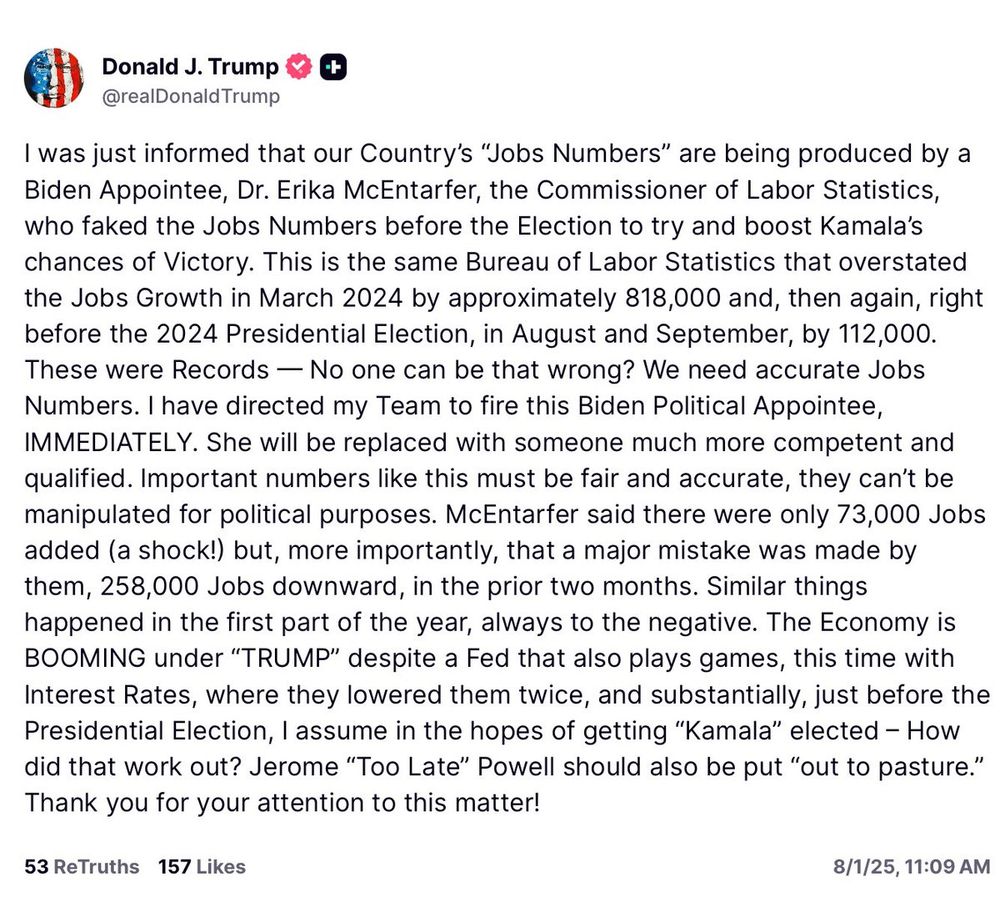 I was just informed that our Country’s “Jobs Numbers” are being produced by a Biden Appointee, Dr. Erika McEntarfer, the Commissioner of Labor Statistics, who faked the Jobs Numbers before the Election to try and boost Kamala’s chances of Victory. This is the same Bureau of Labor Statistics that overstated the Jobs Growth in March 2024 by approximately 818,000 and, then again, right before the 2024 Presidential Election, in August and September, by 112,000. These were Records — No one can be that wrong? We need accurate Jobs Numbers. I have directed my Team to fire this Biden Political Appointee, IMMEDIATELY. She will be replaced with someone much more competent and qualified. Important numbers like this must be fair and accurate, they can’t be manipulated for political purposes. McEntarfer said there were only 73,000 Jobs added (a shock!) but, more importantly, that a major mistake was made by them, 258,000 Jobs downward, in the prior two months. Similar things happened in the first part of the year, always to the negative. The Economy is BOOMING under “TRUMP” despite a Fed that also plays games, this time with Interest Rates, where they lowered them twice, and substantially, just before the Presidential Election, I assume in the hopes of getting “Kamala” elected – How did that work out? Jerome “Too Late” Powell should also be put “out to pasture.” Thank you for your attention to this matter!



