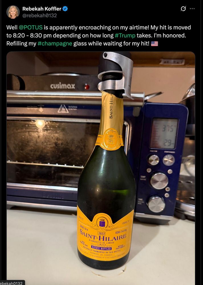 Well 
@POTUS
 is apparently encroaching on my airtime! My hit is moved to 8:20 - 8:30 pm depending on how long #Trump takes. I'm honored. Refilling my #champagne glass while waiting for my hit! 🇺🇸