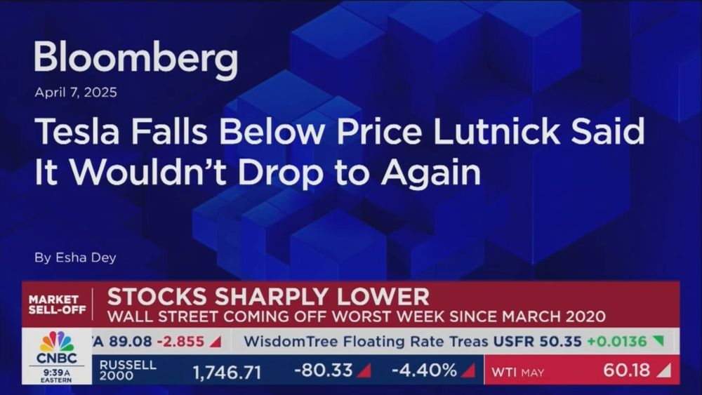 CNBC chyron: "Tesla falls below price Lutnick said it wouldn't drop to again."