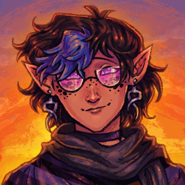 a bust of a character with pink half-circle sunglasses, purple eyes, and short messy black and blue hair. he's wearing a purple choker, striped shirt, and a black scarf, as well as silver spiral earrings. he looks at the camera and smiles fondly. there's a sunset behind him, and he's lit in warm orange.