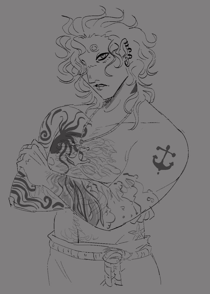 a sketch of my character Salis. he has very wavy hair that half obscures his face, and several piercings- some on his ears, and one lip piercing- as well as various nautical tattoos, including wave patterns on his arms, an octopus on his chest, an anchor on his bicep, and a starfish on his hip. he's shirtless and wears pants with a rope belt along with an anchor necklace. he has some hair on his chest, arms, and lower torso, and he looks unimpressed, his arms crossed.