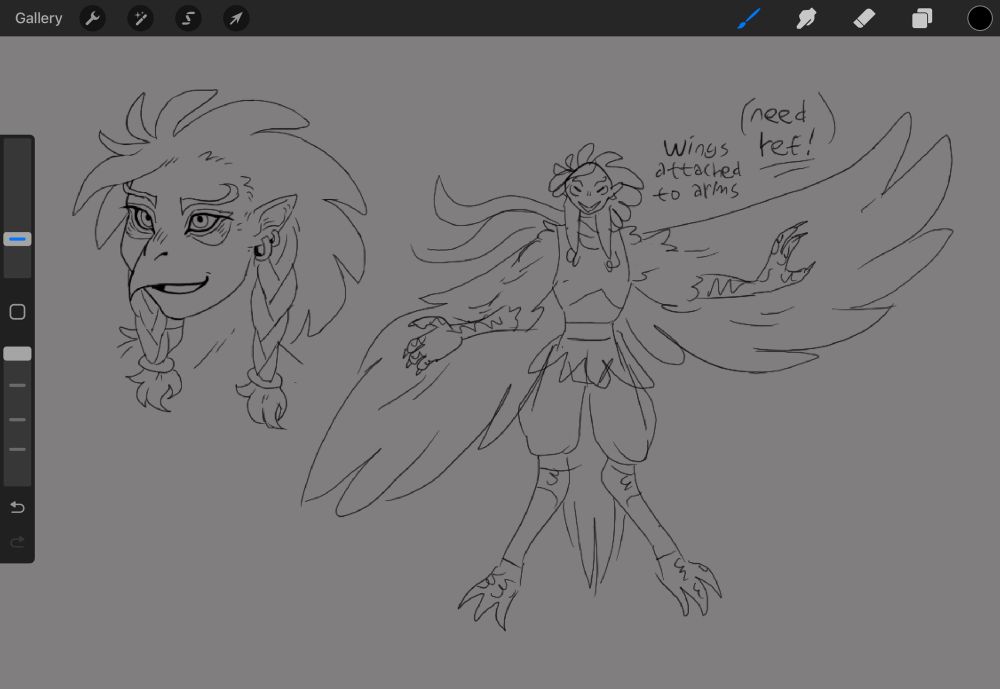 two digital sketches, one a bust and the other a very rough full-body, of a humanoid bird character. not quite an anthro, though- they have a human face with a bird beak and seemingly featherlike hair. they have small pointed ears and two braids. The full-body shows their arms which have their wings attached to them, and also has a rough outfit design. Their design is akin to the watarara from the Ocarina of Time manga, but with some elements of the Rito from Breath of the Wild and other original components.