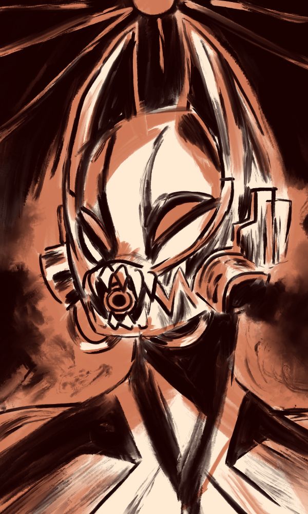 an individual in an ornate helmet and suit. the helmet is shaped like a wolf, with some sort of emitter the center surrounded by fangs. there are two parts on the sides of it that spew black gas.