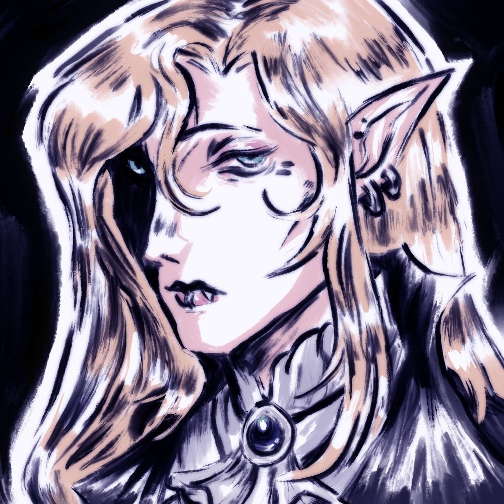 a bust of a blond vampire with piercing blue eyes and an ornate collared shirt and black coat.