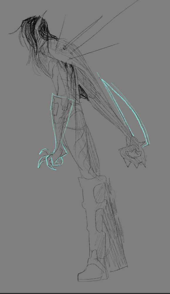 a rough sketch of a very tall, scary-looking man in a sci-fi-looking bodysuit. he's seen from the side, and black hair covers his face. he holds a blade in one hand, and his other is clawed. four arrows (or something) stick out of his back and blood trickled down from them.