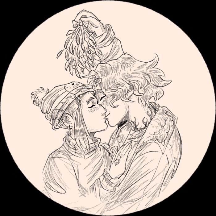 a rendered, uncolored sketch in a circular frame of Gwen, Klemency Drake's OC, and Venture from Overwatch. the two have a more casual appearance. both are wearing winter clothing, with both in sweaters, and Gwen with a beanie and Venture with an aviator jacket. they share a kiss under mistletoe that Venture is holding over them, and Gwen places a hand on Venture's chest. 