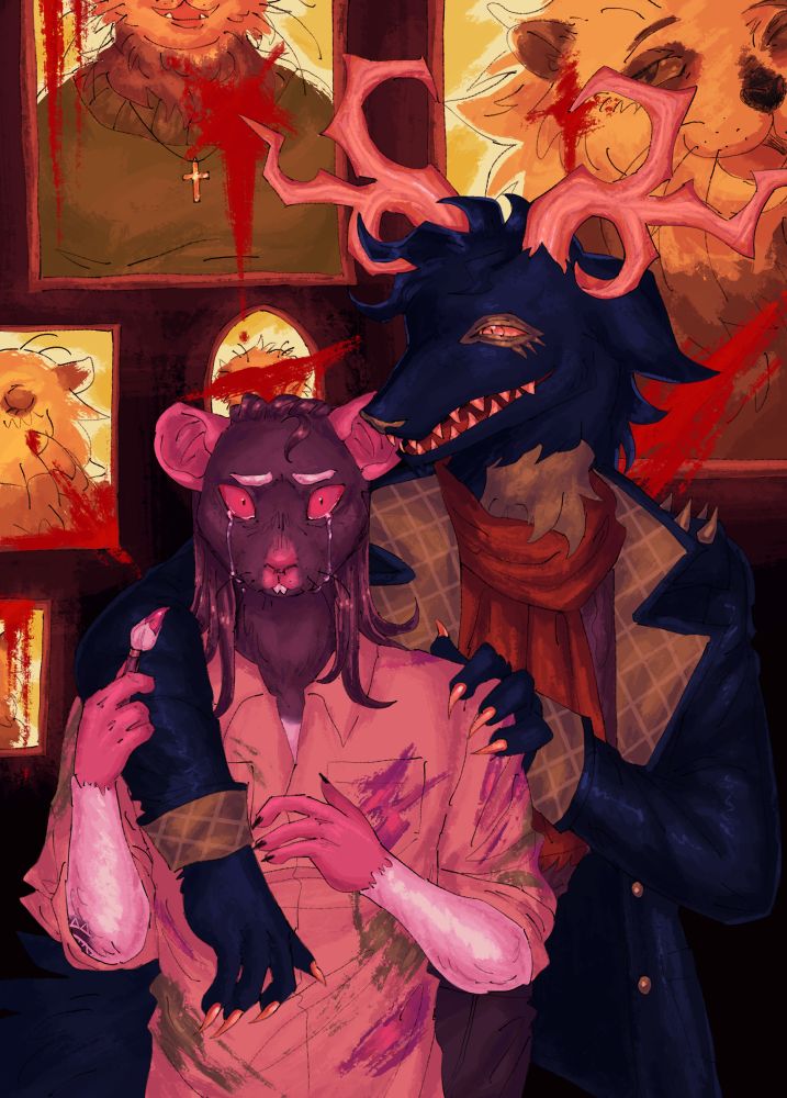 a portrait of a brown rat and a black dragon, both are anthros, in front of several portraits. the rat looks terrified and is weeping with a paintbrush held in her hand, while the dragon leans over her and speaks to her, an arm around her shoulder. they're both in cool, otherworldly lighting. the portraits behind them are of a sea otter anthro, in warm light and smiling, but they're all splattered with blood.
