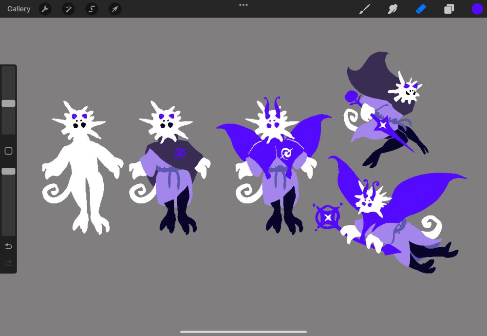 a design sheet featuring a fluffy white creature with a curly tail. they wear a cloak and a purple undershirt. they have a secondary form with their cloak transformed into purple wings. on the right, they have two dynamic poses– one with the normal cloak and a spear, the other with the wings and a magic staff.