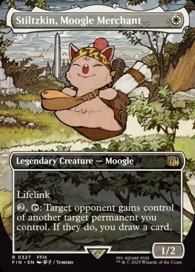 A picture of the Magic card "Stiltzkin, Moogle Merchant," who is a 1/2 Moogle Creature with the abilities of 'Lifelink' and '2, T: Target opponent gains control of target permanent you control. If you do, draw a card."