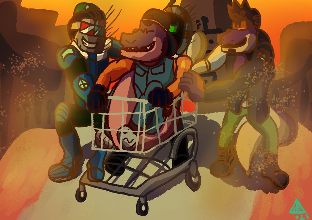 Jack (robot enforcer), Fred (lizard mechanic), Trevor (robot scientist) and Bruce (Lizard hacker) goofing around in Fred and Jack's home planet, pushing Fred in a shopping cart with jack holding to the side of it as Fred holds his hand as well (Based on the cover picture for the song called "Seventh heaven" by INOHA) all these versions are from VGaxol's Roleplay server called "World Wild Brawl" specifically for the in universe MMO called "Galaxium Online"