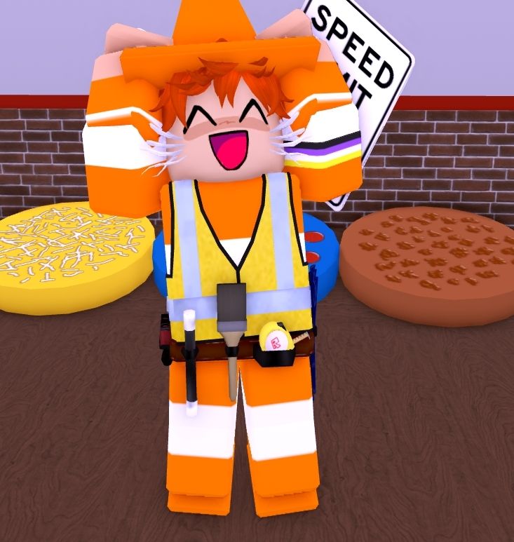 A roblox character wearing an orange and white outfit, yellow hi-vis vest and construction tool belt waving in the air
