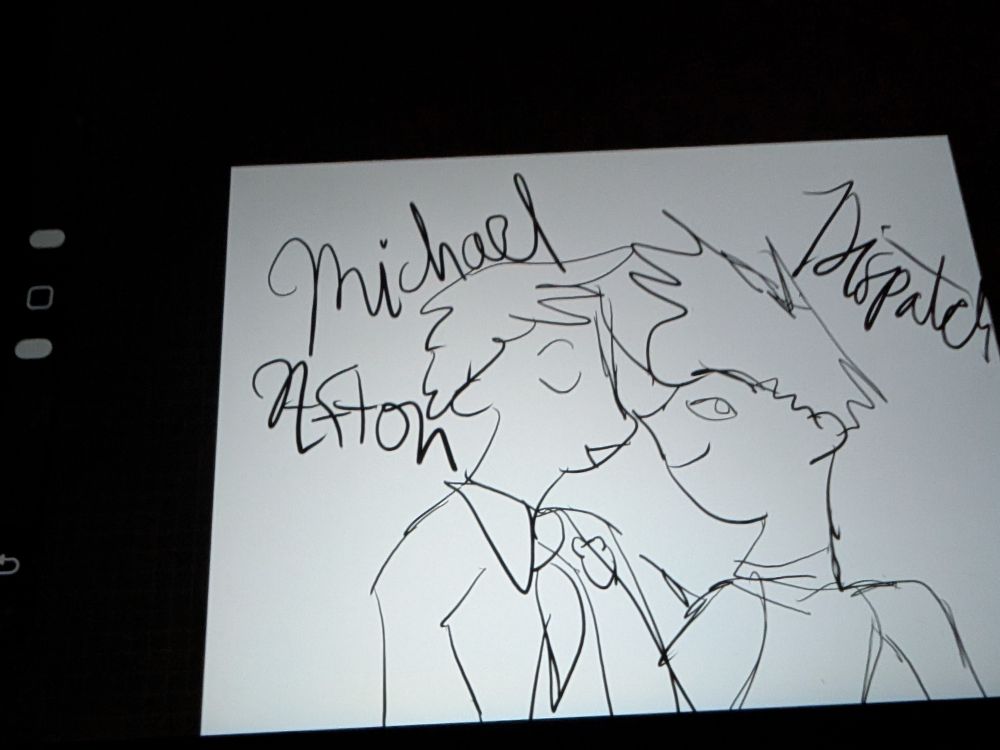 Photo of a WIP outline of Michael Afton about to kiss Dispatch. 