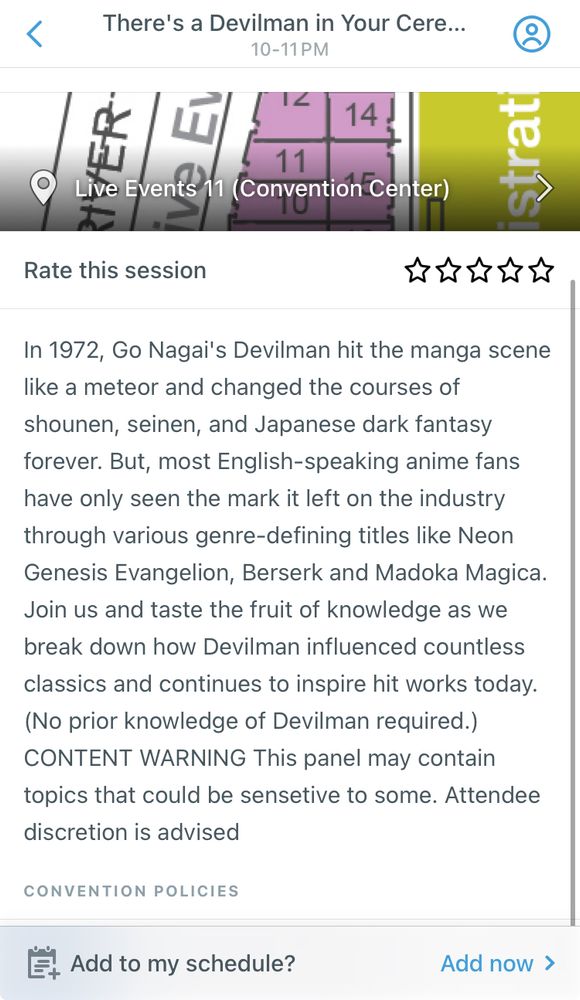 A screenshot of my panel for ACEN that reads: In 1972, Go Nagai's Devilman hit the manga scene like a meteor and changed the courses of shounen, seinen, and Japanese dark fantasy forever. But, most English-speaking anime fans have only seen the mark it left on the industry through various genre-defining titles like Neon Genesis Evangelion, Berserk and Madoka Magica.
Join us and taste the fruit of knowledge as we break down how Devilman influenced countless
classics and continues to inspire hit works today.
(No prior knowledge of Devilman required.)
CONTENT WARNING This panel may contain topics that could be sensetive to some. Attendee discretion is advised
CONVENTION POLICIES
