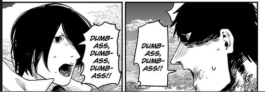 A panel from the manga Fire Punch. It features the characters Togata and Agni. They are shouting DUMBASS over and over again at each other