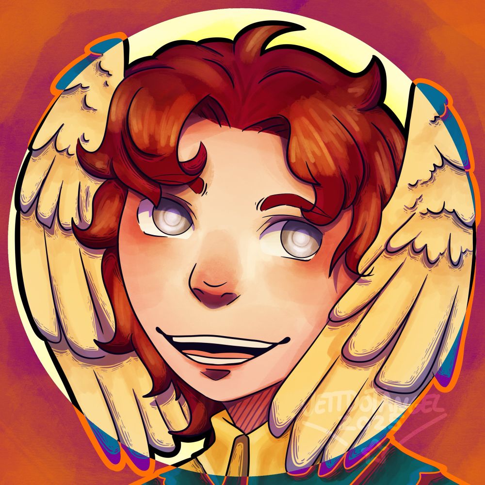 Profile picture 

Headshot of my persona, short and wavy red hair grey eyes and yellow wings where there should be ears