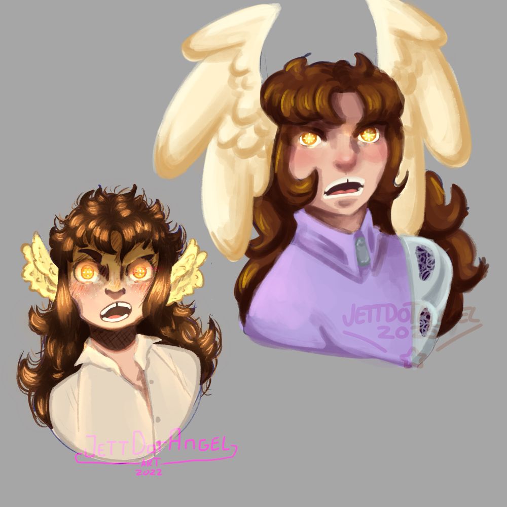 Two drawings of my oc Everill
Left one is from 2022, where she is wearing a light grey shirt and has small wing ears, on the right is the 2025 version where she is wearing a light purple shirt and her wing ears are a lot bigger 
