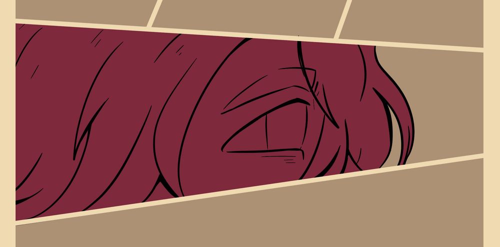 Line art and colour block, the colour is a solid deep red
