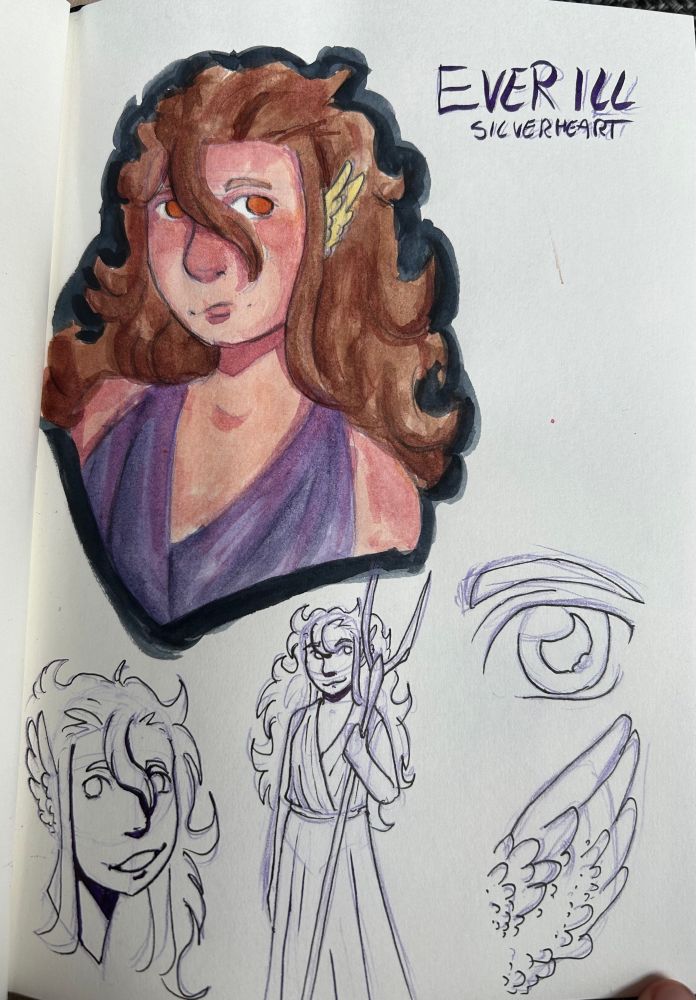 Sketch page with a headshot of my character Everill taking up the majority of the page she is the only one coloured in and it was done with watercolour. There is a smaller headshot in the left bottom corner beside it is a full body, a close up on her eye and ear. These four have been lined 