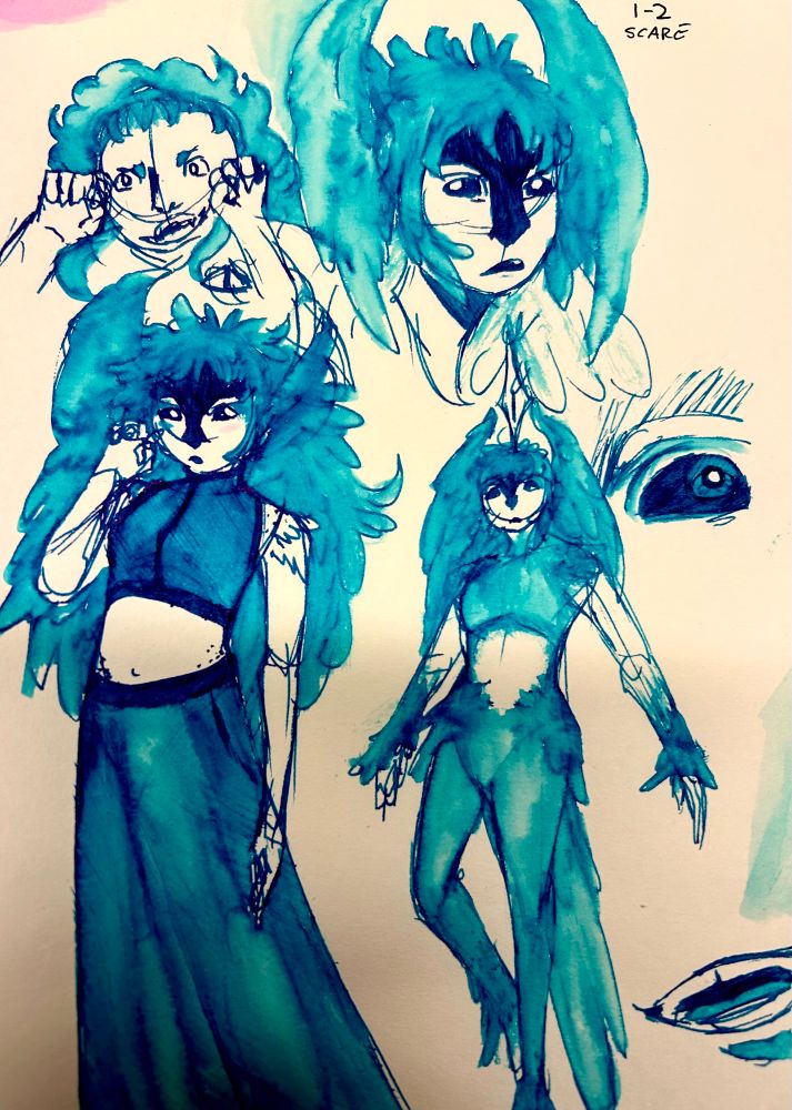 Sketch page drawn in blue ink featuring Everill with more feathers and bird like features 