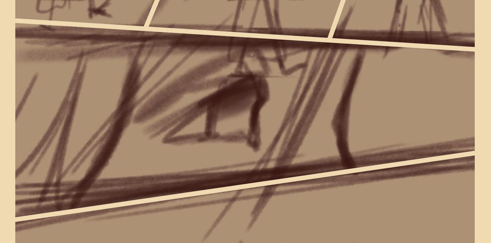 Thumbnail sketch, the panels have been divided and in the centre there is a close up shot of a face in side profile looking sad